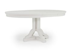 a white table with an oval top and two leaves on the base, against a white background