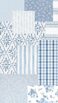 blue and white wallpapers with flowers, stripes, and designs in shades of blue