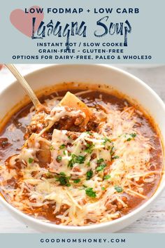 low fodmap and low carb lasagna soup in a white bowl