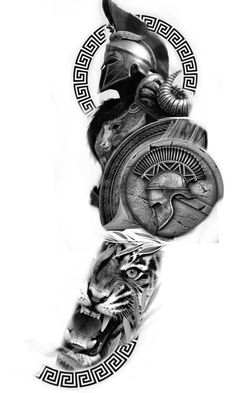 an artistic tattoo design with a tiger and helmet on it's head, in black and white