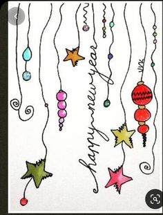 a drawing of christmas decorations hanging from strings with stars and ornaments around them on white paper