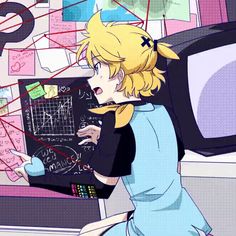 an anime character pointing at a blackboard with notes on it and writing on it