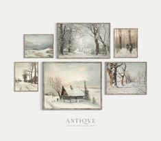 a set of six paintings depicting winter scenes in different styles and sizes, with the words antique above them