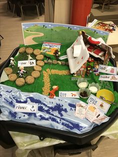 a table topped with lots of different types of toys and books on top of it