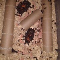 two rolled up paper tubes sitting on top of a rug covered in brown rice krispy kreme