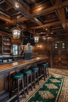 a bar with several stools in front of it and an area rug on the floor