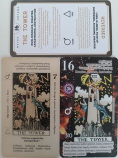 the tower tarot card deck is shown in three different colors and designs, including one with