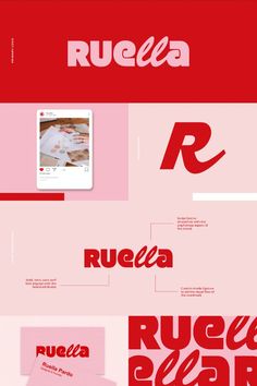 Logo presentation for the brand called Ruella. The type was manipulated to create a custom end result. Bold color palette: white, pastel pink, bright pink and bright red. Rebranding Design Inspiration, Bold Logo Design Typography, Personal Design Logo, Trendy Logo Design Branding, Retro Inspired Branding, Graphic Designer Self Branding, Name Typography Design, Personal Branding Logo Visual Identity, Brand Typography Design