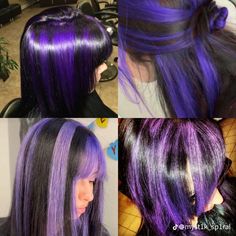 Black Pink Purple Hair, Black And Purple Hair Color Ideas, Hair Colored Streaks, Pink Purple Black Hair, Skunk Hair Purple, Y2k Dyed Hair, Purple Skunk Hair, Purple Highlights Hair, Purple Chunky Highlights