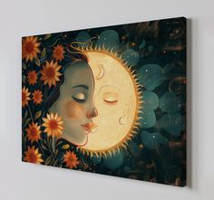 a painting of a woman's face with sunflowers around her and the moon