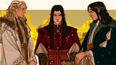 three men dressed in medieval clothing standing next to each other and looking at one another