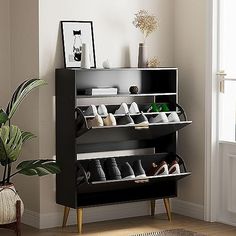 a black shoe rack with shoes on it in a room next to a potted plant