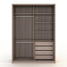 an open wooden closet with drawers and shelves