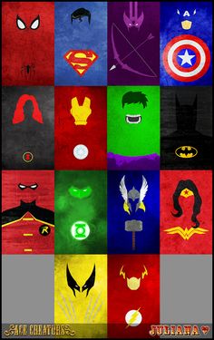 many different superheros are depicted in the same color scheme as they appear on this poster