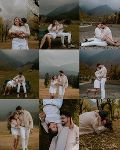 a man and woman are sitting on a bench in the grass with their arms around each other