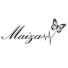 a black and white photo of a butterfly with the word miaja written in cursive writing