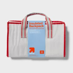 an insulated back pack in white and red