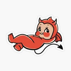 a sticker with an image of a baby in a devil costume laying on it's back