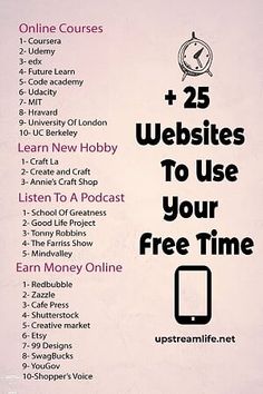 a pink poster with the words 25 web sites to use your free time