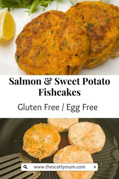 salmon and sweet potato fishcakes are on the grill with lemon wedges next to them