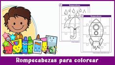 a boy with an umbrella is next to some coloring sheets for children's drawings