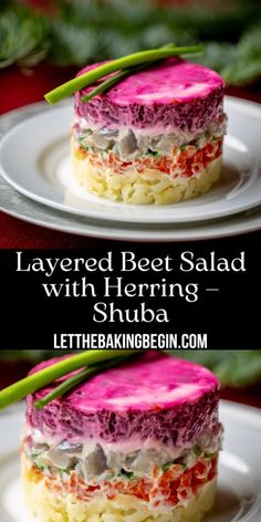 layered beet salad with herring and shuba on two white plates next to each other