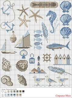 a cross stitch pattern with sea animals and seashells on the bottom half of it