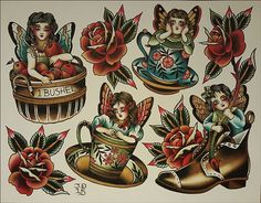 an old school tattoo flash sheet with flowers and cup