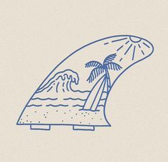 a drawing of a palm tree on top of a wave