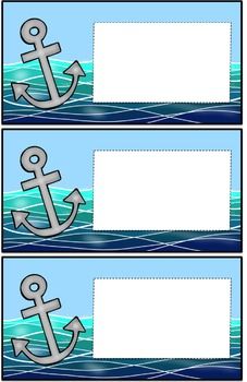 three pictures with an anchor and two smaller ones in the middle, on top of blue water