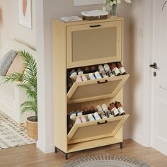 a wooden cabinet filled with lots of different types of items next to a door and potted plant