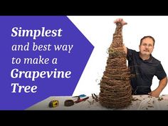 a man standing next to a tree made out of branches with the words, simplest and best way to make a grapevine tree