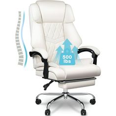 a white office chair with an upholstered back and foot rest on it's side