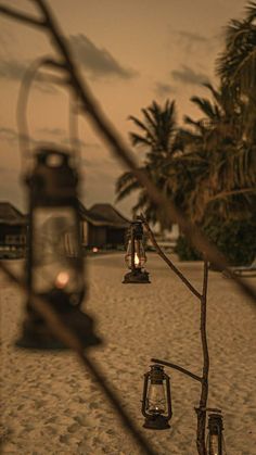 two lanterns on the beach with palm trees in the background