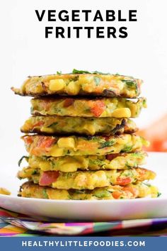 a stack of veggie fritters on a plate with text overlay