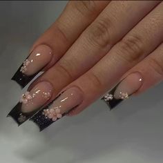 Black Glitter French Tip Fake Nails, 3d Cute Flower Press On Nails With Design, Glossy Full Cover Long Coffin Ballet False Nails For All Bling Bday Nails, Black Bling Nails, Ombre Acrylic, Nails Inspired, Nagellack Trends, Style Nails, Nagel Tips, Baddie Nails, Grunge Nails