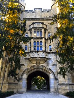 the entrance to an old castle with trees in front