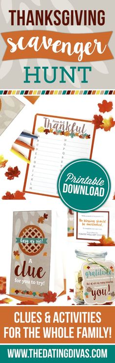 thanksgiving scavenger hunt with the words, clues and activities for the whole family