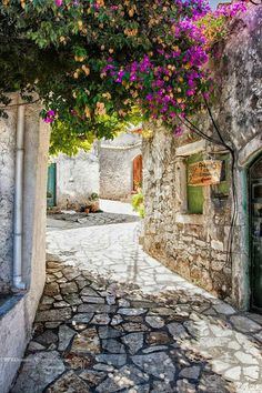 an alley way with flowers growing on the walls and stone walkway leading up to it