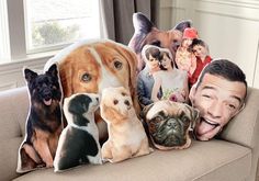 a group of dogs sitting on top of a couch with their faces printed onto them