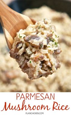 mushroom rice in a skillet with a wooden spoon and text overlay that reads parmesan mushroom rice