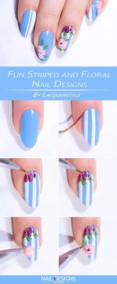 Fun Nail Designs that are Easy to do at Home ★ See more: https://naildesignsjournal.com/fun-nail-designs-tutorials/ #nails Patrick Nagel, Nail Designs Tutorial, Floral Nail Designs, Blue Nail Art, Painted Nail Art, Blue Nail Designs