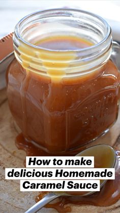 there is a jar of caramel sauce with a spoon