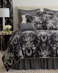 black and white bedding with floral designs