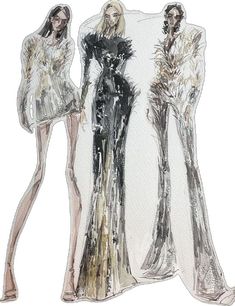 two women in dresses standing next to each other on a white background with watercolors