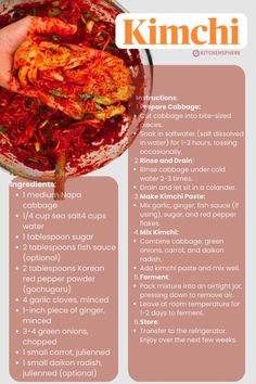 the recipe for kimchi is shown in red and orange colors, with instructions on how to make it