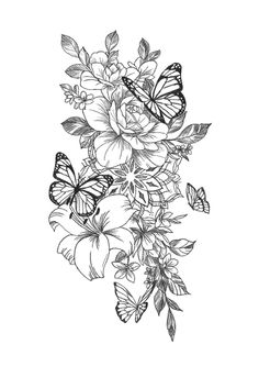 black and white drawing of flowers with butterflies