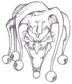 a drawing of an evil clown's head with balls around his neck and the letter t on it