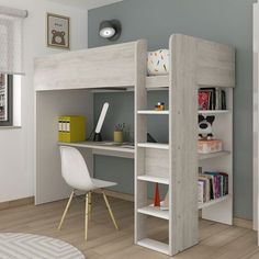 a white loft bed sitting next to a desk with a chair and bookshelf