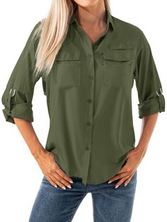 PRICES MAY VARY. Women's long sleeve SPF shirts using Omni-Shade UPF 50 fabric for maximum protection against the sun, reduces your exposure to harmful UVA/UVB radiation. This hiking shirt is ultra light and dry fit comfortable enough for maximum activity, Omni-Wick technology that pulls moisture away to keep you cool and dry. With a modern classic casual fit, this long sleeve fishing shirt features two chest pockets with closure and one sunglasses hanger loop for convenient storing. Women’s lig Safari Jacket Women, Hiking Shirts Women, Safari Outfits, Womens Outdoor Clothing, Safari Shirt, Travel Clothes Women, Safari Jacket, Sun Shirt, Hiking Shirts